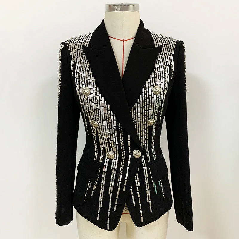 casual hooded jackets for women -Women Blazer Sequined Long Sleeve Double Breasted Ladies Suit Coat Vintage Female Jacket Tops Spring Autumn 2022 New