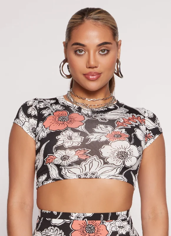 high-neck tops for women -Floral Print Short Sleeve Crop Top