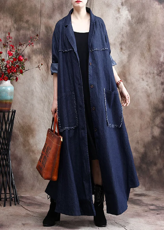 thermal coats for women -French Denim Blue Peter Pan Collar Patchwork Tassel Cotton Trench Coats Long Sleeve