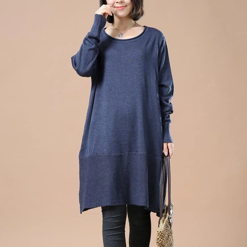 oversized tunic tops for women -Solid blue plus size woman sweaters