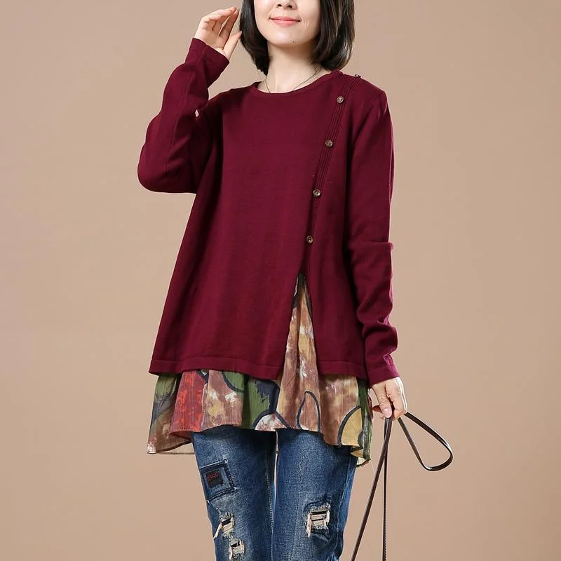 women's knitted sweaters -Burgundy layered sweaters oversize knit tops