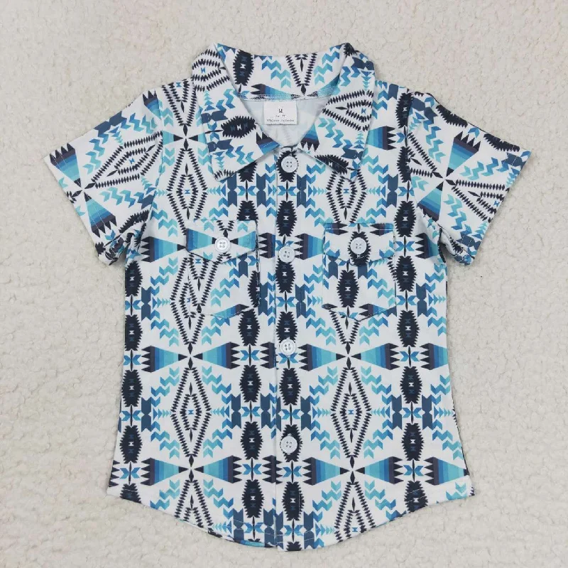 modest tops for women -BT0316 boys aztec blue button summer t-shirts