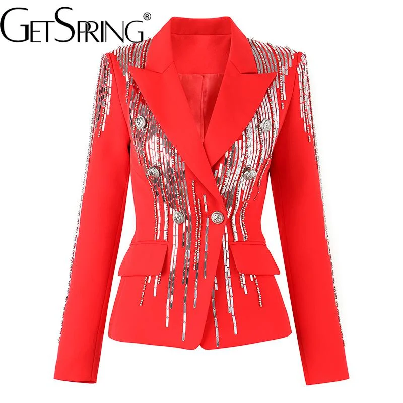 oversized winter coats for women -GetSpring Women Blazer Double Breasted Full Sleeve tuxedo Red Coat Sequin Nail Bead Women's Slim Suit Jacket Autumn 2022