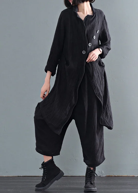 slim fit coats for women -Black Oversized Linen Trench Coats Wrinkled Button Fall