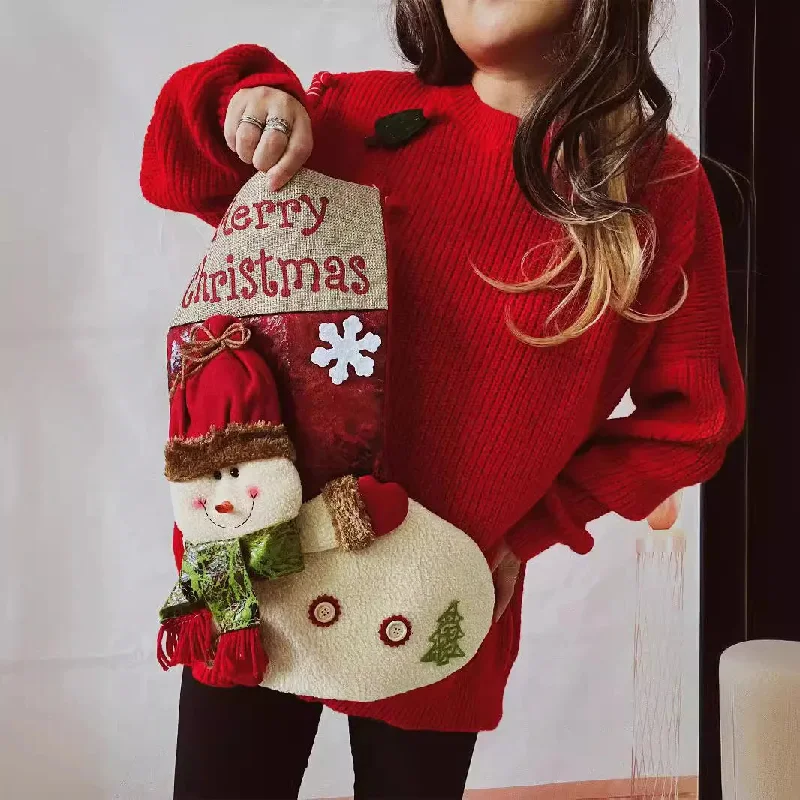 women's off-shoulder tops -Red Christmas Snowman Doll Pocket Sweater