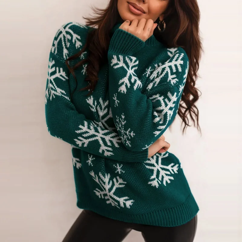 longline tops for women -Snowflake Print Oversized Christmas Sweater