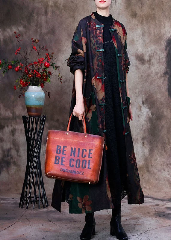 stylish jackets for women -Bohemian Green Print Patchwork Side Open Oriental Button Cotton Trench Coat Long Sleeve