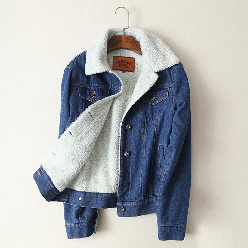 windproof jackets for women -wide 4 pocket denim jacket with  lambwool