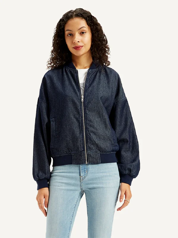 asymmetrical coats for women -Women's Embroidered Navy Bomber Jacket