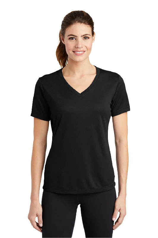 wool tops for women -Sport-Tek Womens RacerMesh Moisture Wicking Short Sleeve V-Neck T-Shirt - Black