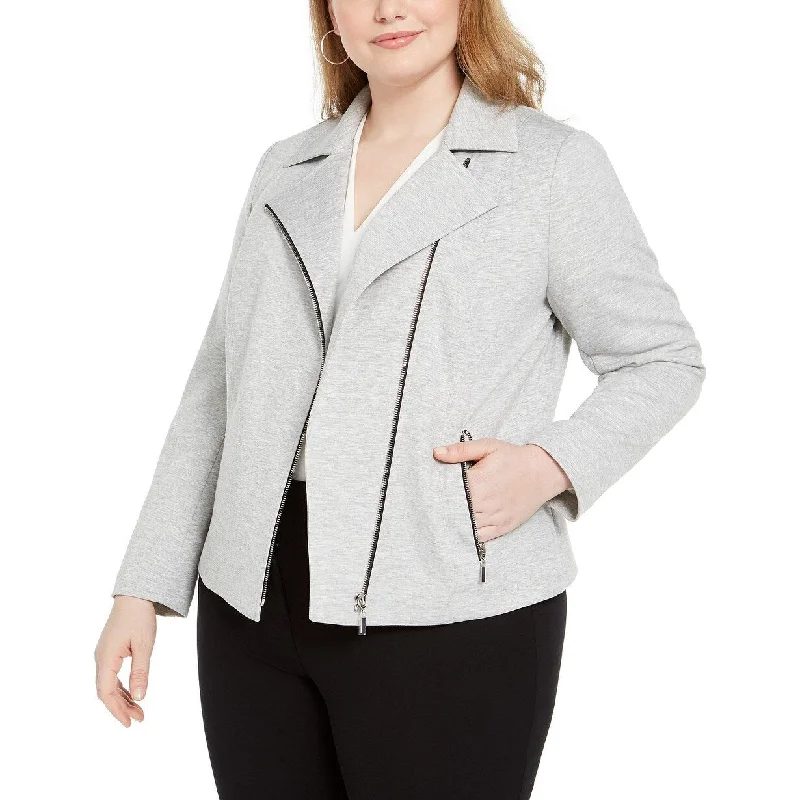 women's double-breasted coats -Bar III Women's Trendy Plus Size Ponte-Knit Moto Jacket Gray Size 1X