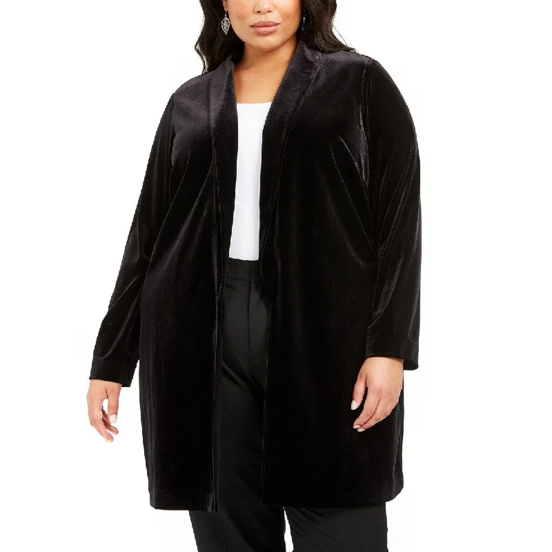 warm winter coats for women -Alfani Women's Plus Size Open-Front Long Velvet Jacket Black Size 0X