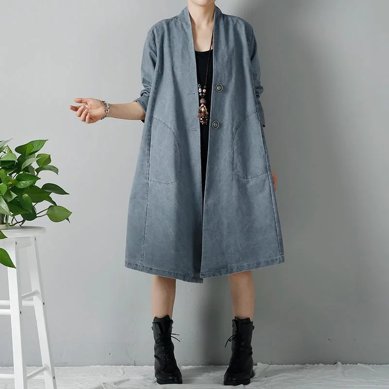 single-breasted coats for women -Gray plus size cotton cardigans trench coats