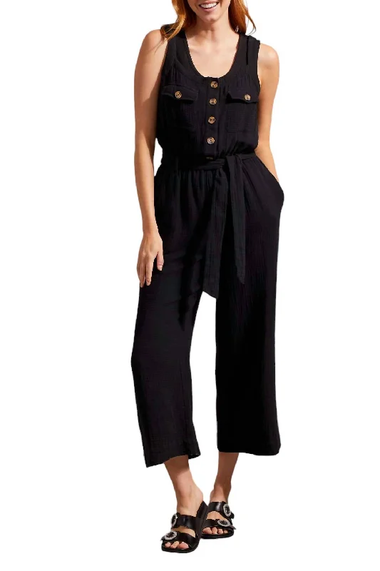 loose linen trousers for women -Jumpsuit With Sash And Pockets Button Front In Black