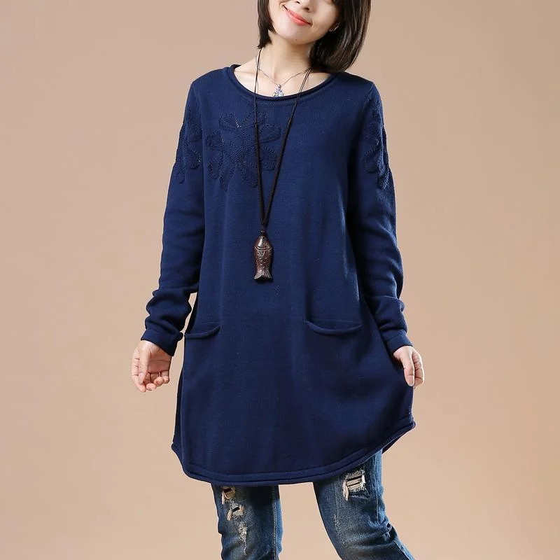 autumn blouses for women -Navy cute plus size sweaters women knit dresses