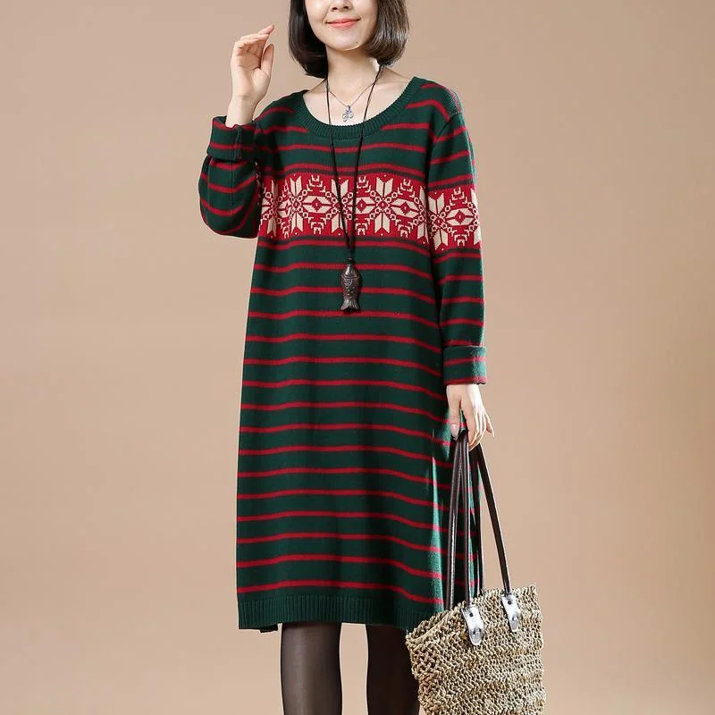 longline tops for women -Green sweaters winter knit dresses snow flakes