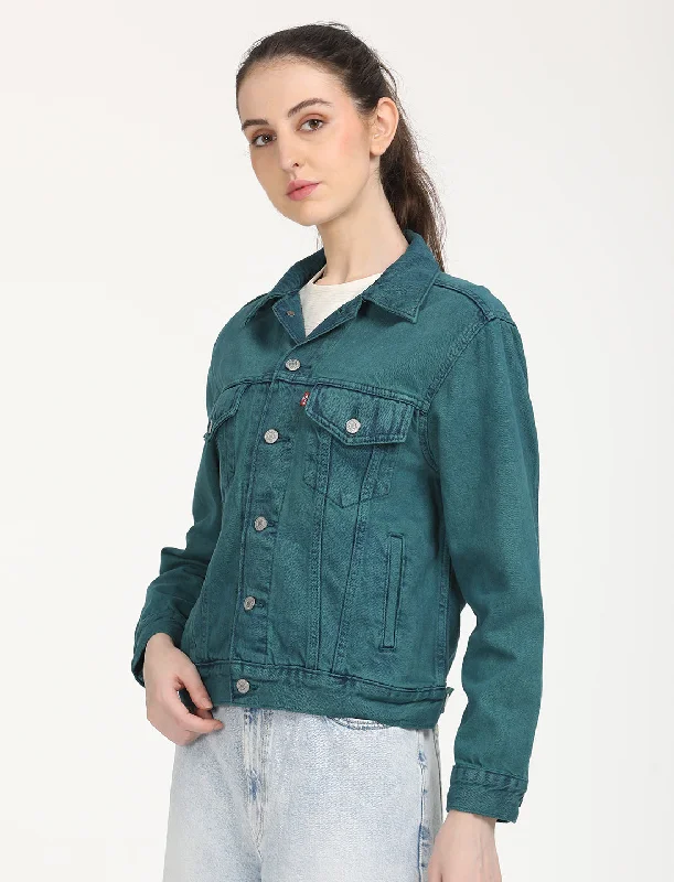 high collar coats for women -Women's Solid Teal Spread Collar Trucker Jacket