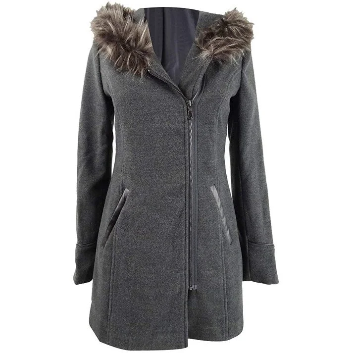 breathable jackets for women -Maralyn & Me Juniors' Faux-Fur-Trim Hooded Coat Dark Gray Size XL