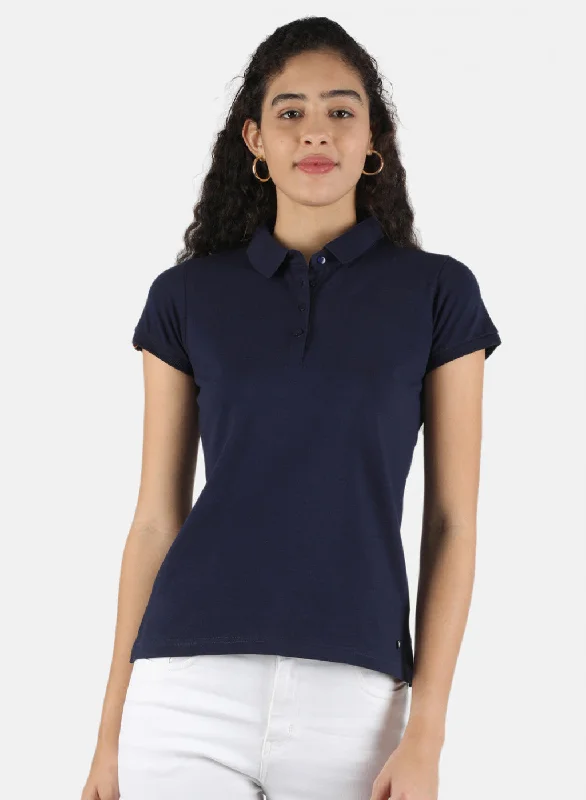 breathable linen tops for women -Women Navy Blue Plain T-Shirt