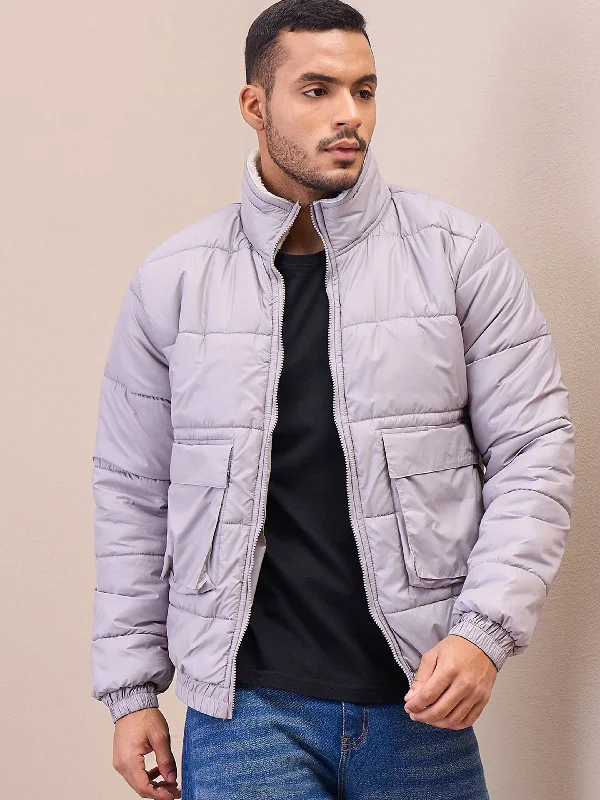 quilted bomber jackets for women -Men Grey Fur Collar Puffer Jacket