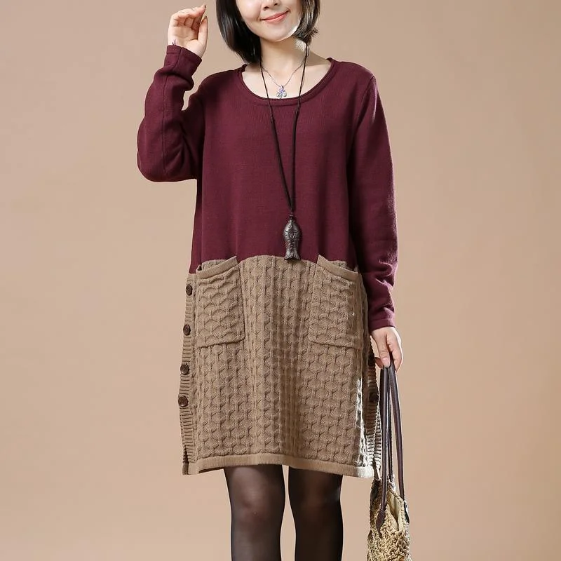 soft knitted blouses for women -New pattern knit burgundy sweaters oversize dresses