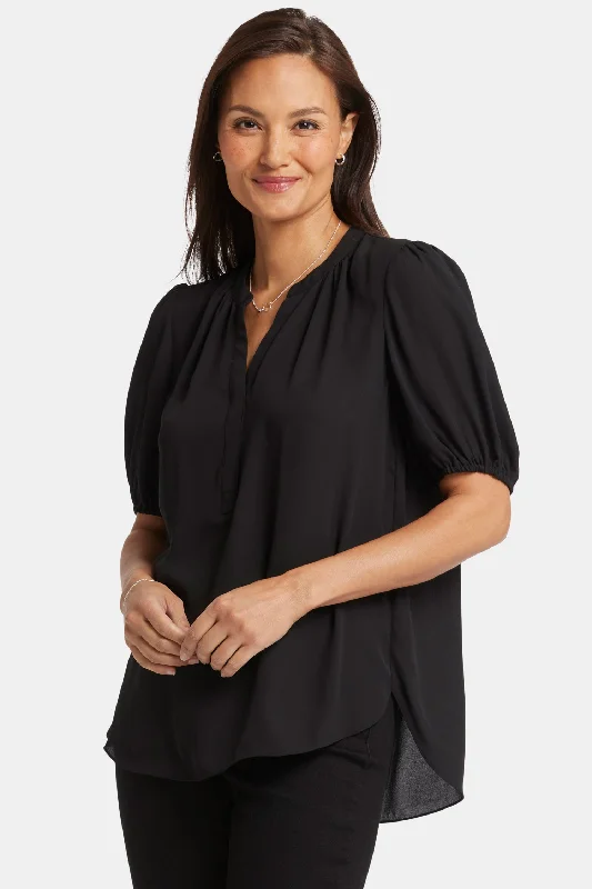 sheer tops for women -Short Puff Sleeve Popover Top - Black