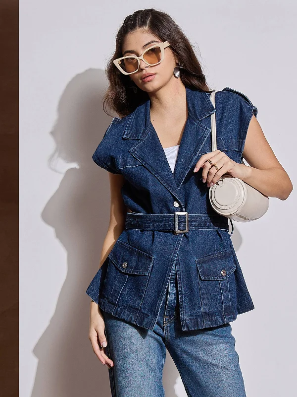 slim fit coats for women -Women Blue Washed Pocket Detail Sleeveless Belted Jacket