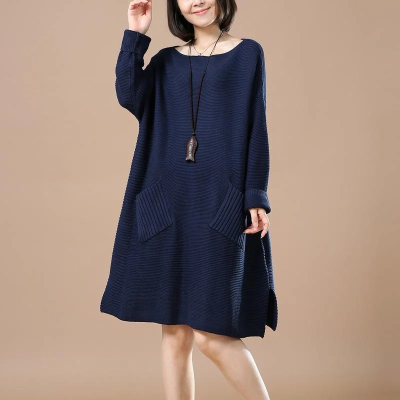 sleeveless tops for women -Navy plus size sweaters women winter knit dress