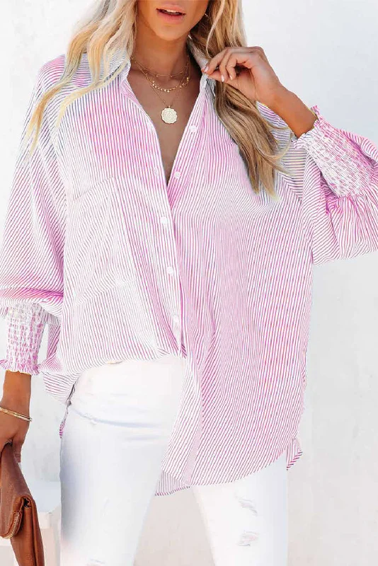 turtleneck tops for women -Pink Smocked Cuffed Striped Boyfriend Shirt with Pocket