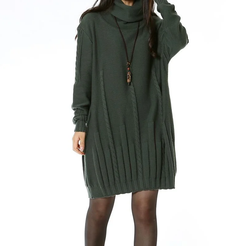 women's silk tops -Blackish green sweater dresses turtle neck Plus size