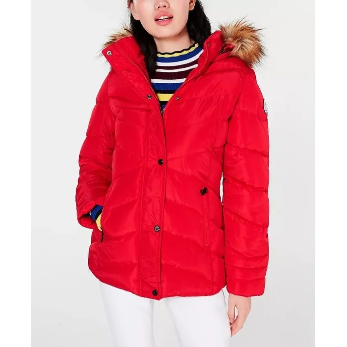 casual bomber jackets for women -Madden Girl Juniors' Hooded Faux-Fur-Trim Puffer Coat Dark Red Size Medium