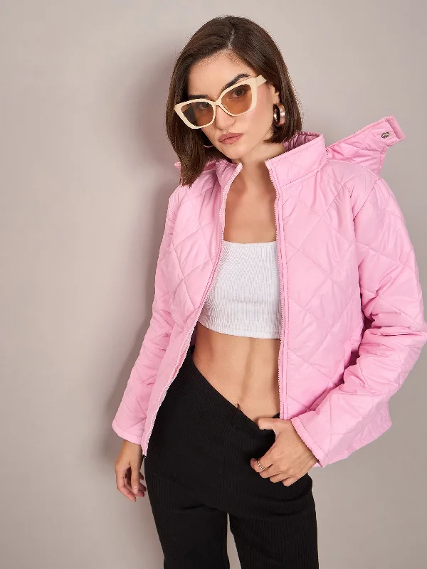 casual zip-up jackets for women -Women Pink Diamond Quilted Hooded Puffer Jacket