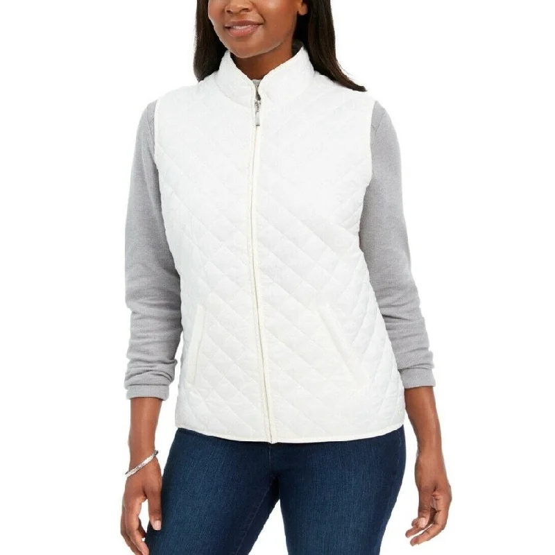 windproof jackets for women -Karen Scott Women's Quilted Puffer Vest White Size Petite Small - Petite-Small