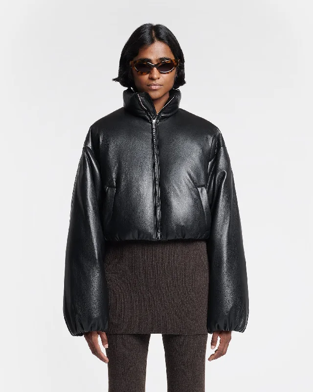 women's biker jackets -Lilima - Cropped Okobor™ Alt-Leather Puffer Jacket - Black