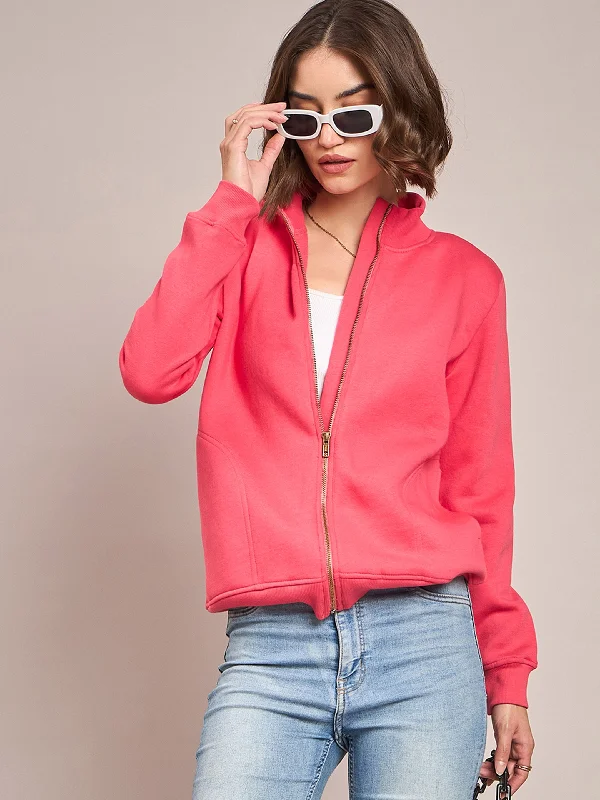 ultra-light jackets for women -Women Pink Fleece Zipper Jacket