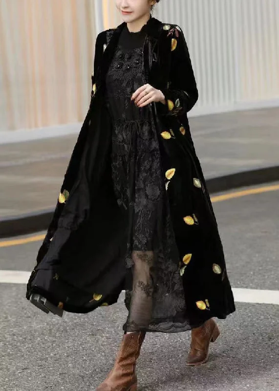 oversized winter coats for women -Style Black Notched Print Silk Velour Long Trench Coats Long Sleeve