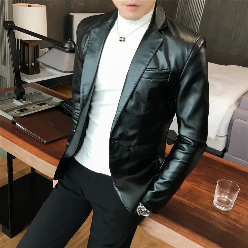 breathable jackets for women -Men Fashion Casual Black White Suit Leather Jacket /Men Solid Color Business Suit Collar PU Blazers Dress Coat