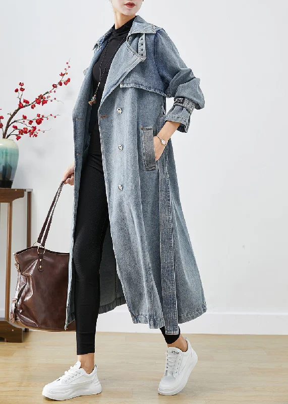 classic wool blazers for women -Stylish Light Blue Double Breast Oversized Denim Trench Coats Fall