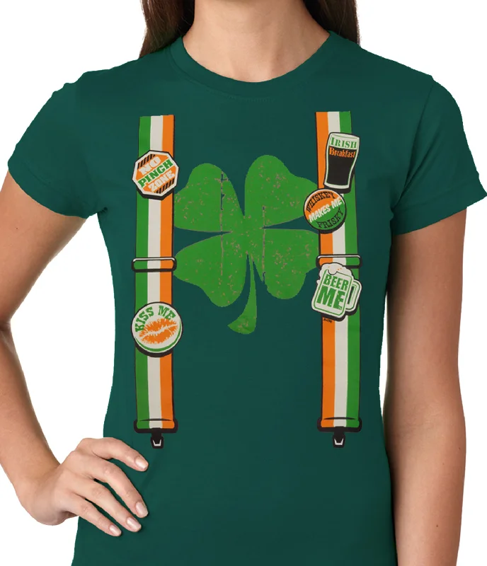 casual women's tops -Suspenders with Shamrock Irish Costume Girls T-shirt