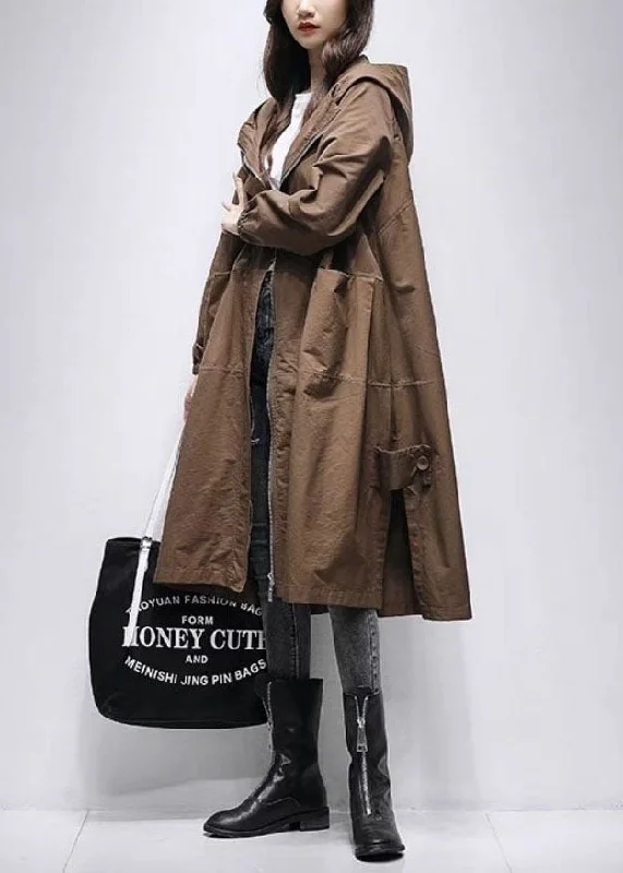 stylish waterfall coats for women -Coffee Patchwork Loose Trench Coat Zip Up Spring