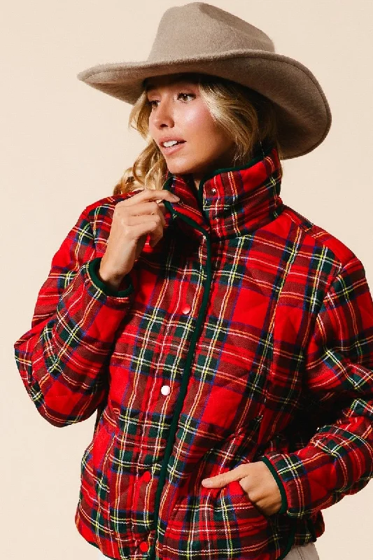 mid-length coats for women -Red Vintage Christmas Plaid Holiday Winter Casual Quilted Jacket