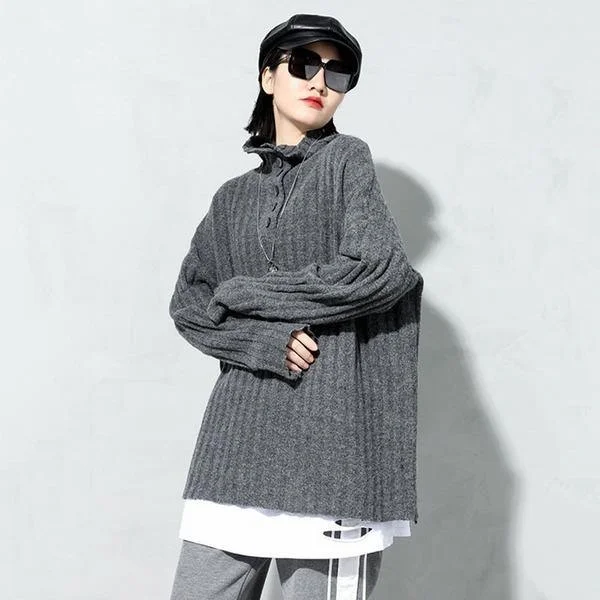 casual plaid shirts for women -Spring New Knitting Pullover Sweater Fashion Splicing Turtleneck Collar Solid Color Casual Women Loose All-match