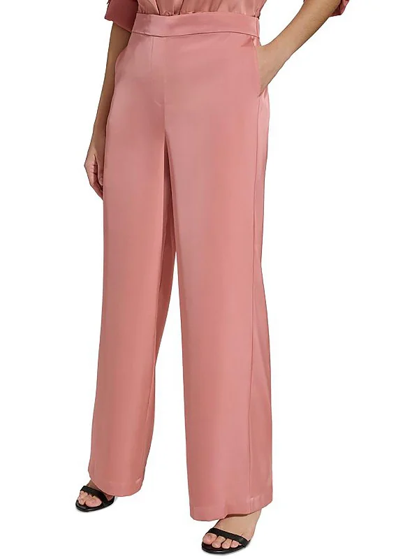 relaxed denim pants for women -Womens Satin High Rise Wide Leg Pants