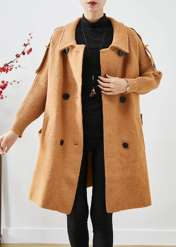 oversized winter coats for women -Boho Light Camel Double Breast Patchwork Knit Woolen Trench Coats Fall