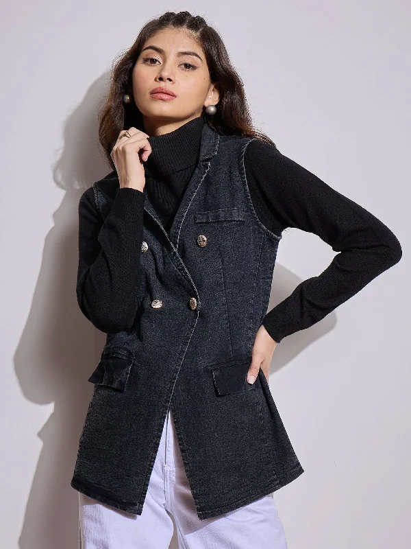 formal coats for women -Women Black Denim Flap Pocket Sleeveless Jacket