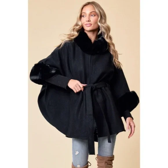 warm fleece parkas for women -Black Solid Faux Fur Trimmed Soft Fuzzy Poncho Cape Coat Women's Fall Winter