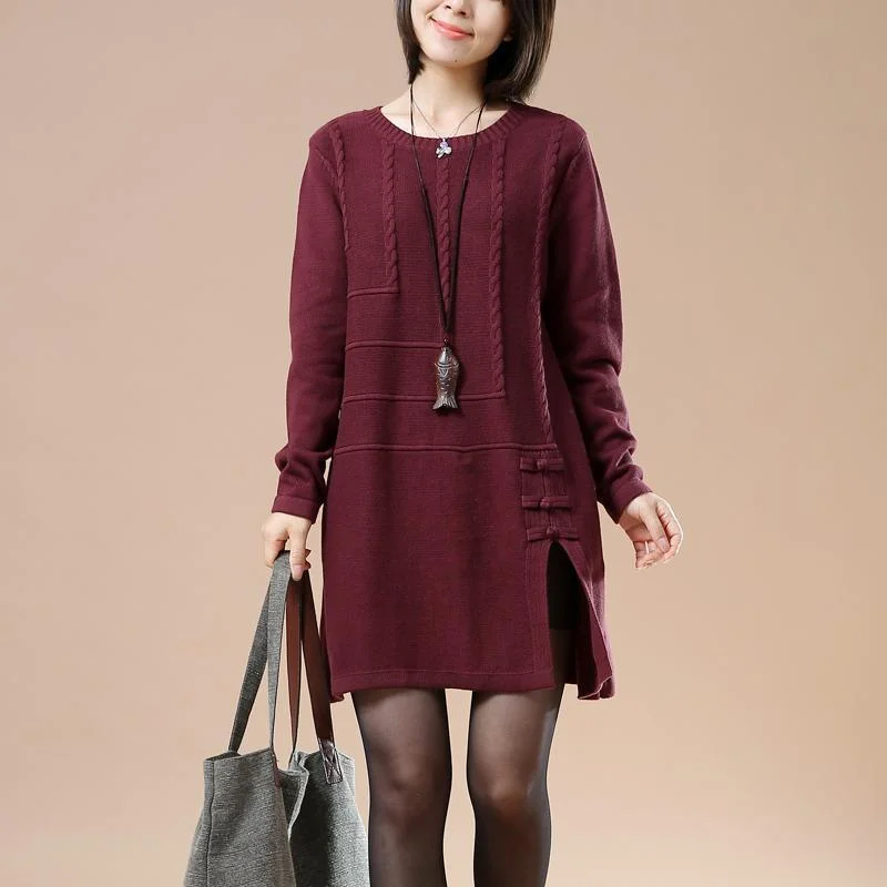 fashionable work tops for women -Burgundy new sweaters open hem cable knit dresses winter