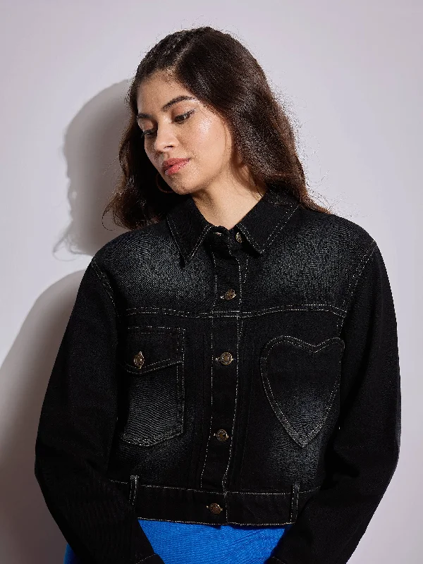 women's sherpa jackets -Women Black Denim Heart Pockets Crop Jacket