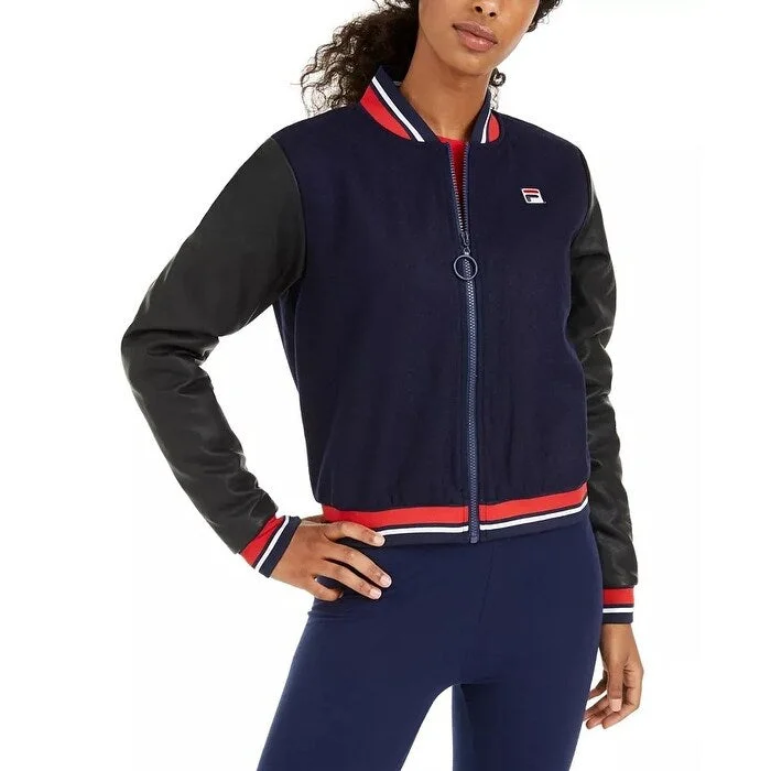 color block jackets for women -Fila Women's Anais Varsity-Stripe Bomber Jacket Navy Size Extra Small - X-Small