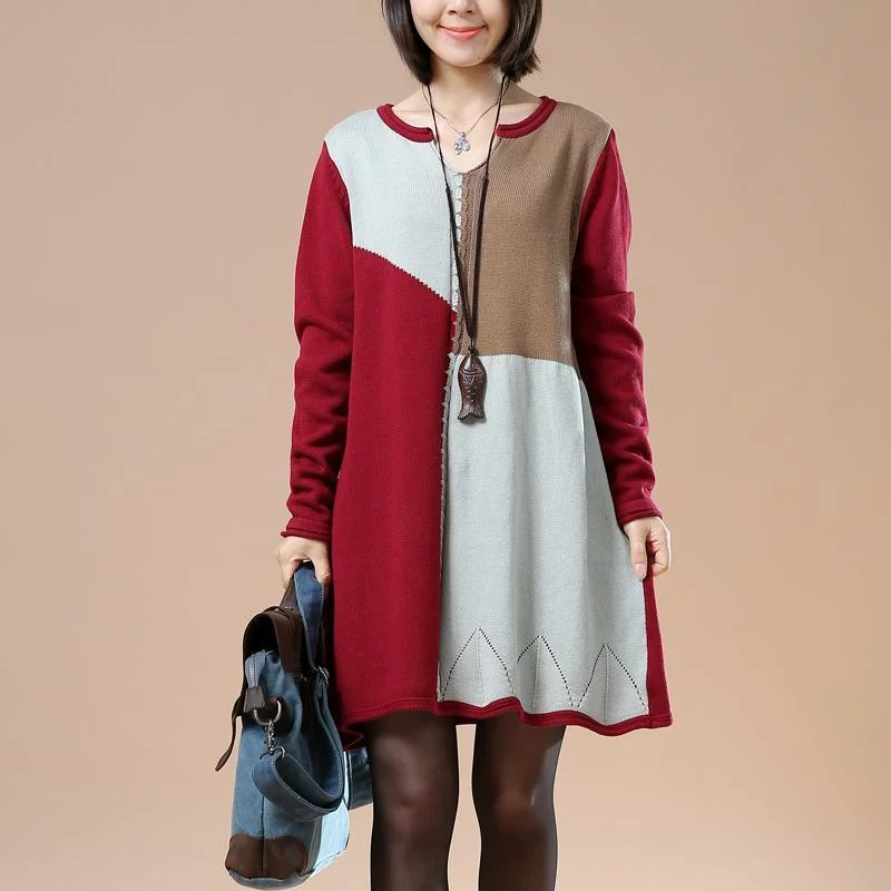 chiffon blouses for women -Burgundy color blocks sweaters knit dress